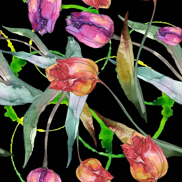 Tulipanes flores botánicas florales. Conjunto de ilustración de fondo acuarela. Patrón de fondo sin costuras . —  Fotos de Stock
