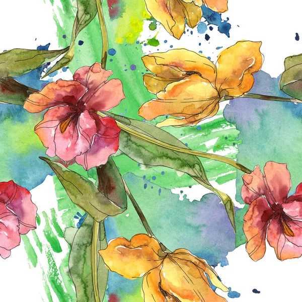 チューリップの花の植物の花。●水彩背景イラストセット。シームレスな背景パターン. — ストック写真