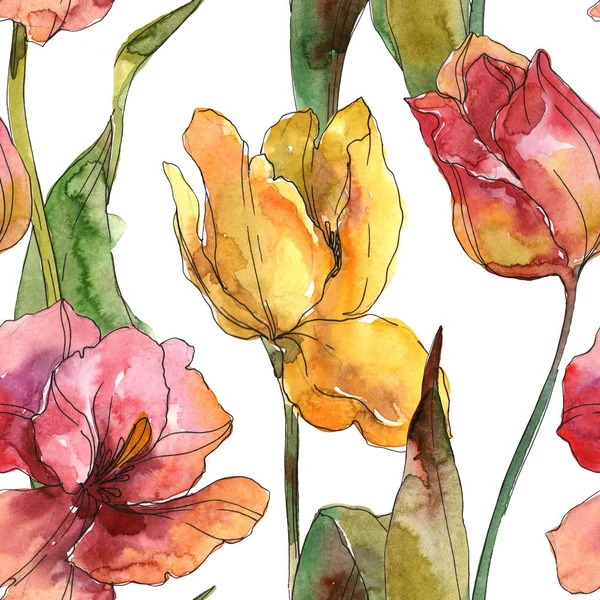 Tulpen blühende botanische Blumen. Aquarell Hintergrundillustration Set. nahtloses Hintergrundmuster. — Stockfoto