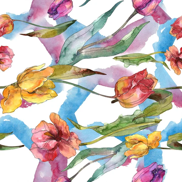 Tulipany kwiatowe kwiaty botaniczne. Akwarela zestaw ilustracji tła. Płynny wzór tła. — Zdjęcie stockowe
