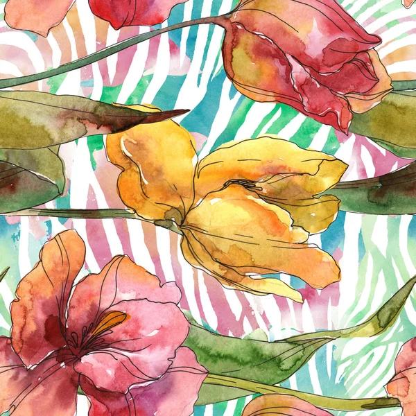 Tulipany kwiatowe kwiaty botaniczne. Akwarela zestaw ilustracji tła. Płynny wzór tła. — Zdjęcie stockowe