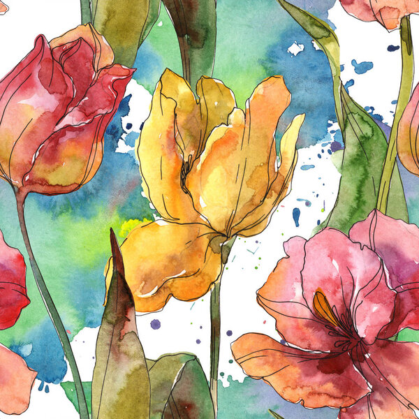 Tulips floral botanical flowers. Watercolor background illustration set. Seamless background pattern.