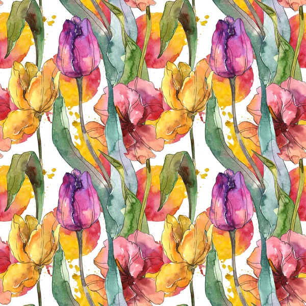 Tulpen bloemen botanische bloemen. Aquarel achtergrond illustratie instellen. Naadloos achtergrond patroon. — Stockfoto