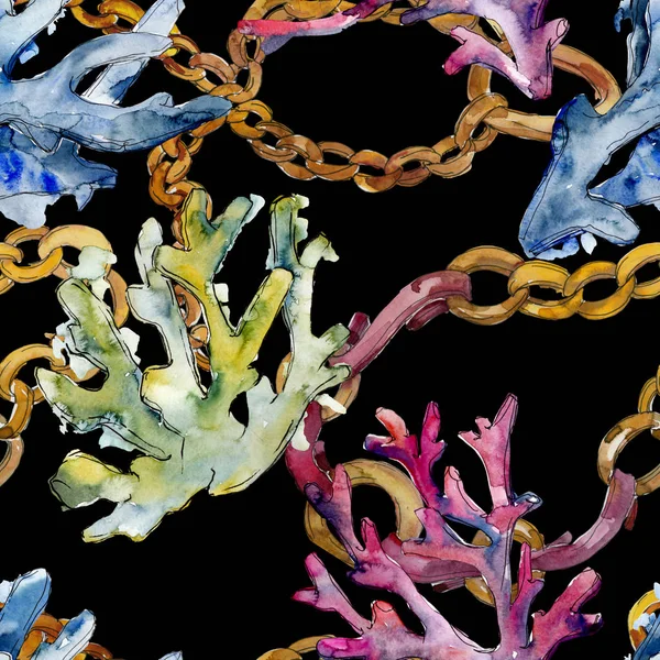 五颜六色的水下水生自然珊瑚礁。水彩背景插图集。无缝的背景模式. — 图库照片