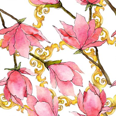 Pembe manolya çiçek botanik çiçekler. Suluboya arka plan illüstrasyon seti. Kesintisiz arka plan deseni.