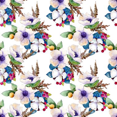 Buket çiçek botanik çiçekler. Suluboya arka plan illüstrasyon küme. Sorunsuz arka plan deseni.