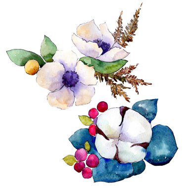 Buket çiçek botanik çiçekler. Suluboya arka plan illüstrasyon seti. İzole buketleri illüstrasyon elemanı.