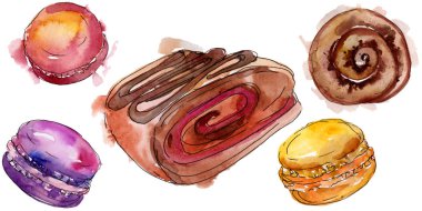 Suluboya tarzında lezzetli kek ve tatlılar. Arka plan çizim seti. Suluboya çizim aquarelle izole.