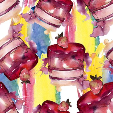 Lezzetli pasta ve çörek suluboya tarzında. Suluboya resim ayarlayın. Sorunsuz arka plan deseni.