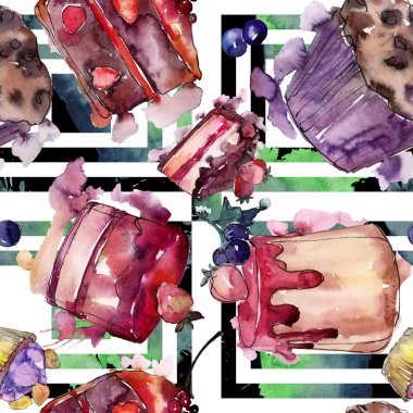 Lezzetli pasta ve çörek suluboya tarzında. Suluboya resim ayarlayın. Sorunsuz arka plan deseni.