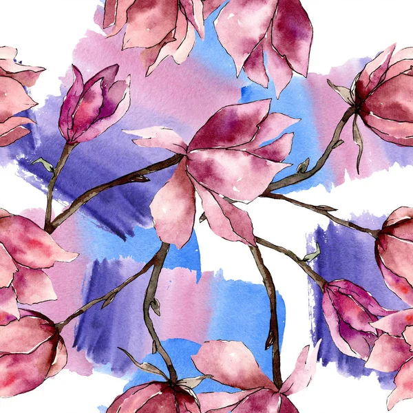 Pink magnolia floral botanical flowers. Watercolor background illustration set. Seamless background pattern. — Stock Photo, Image