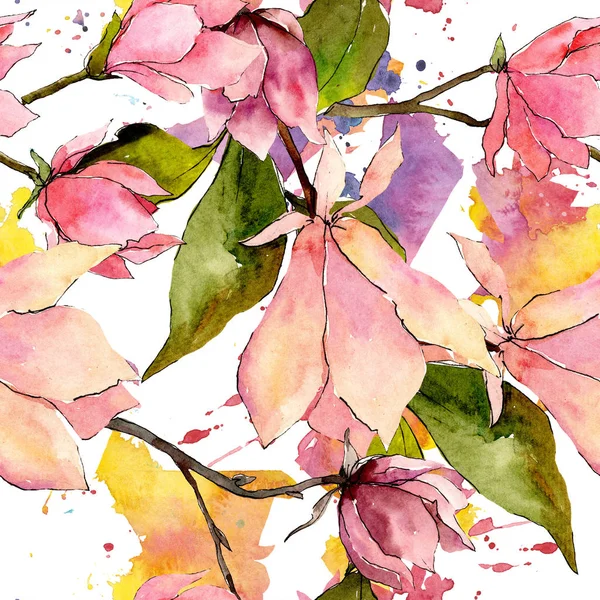 Fiori botanici floreali di magnolia rosa. Acquerello sfondo illustrazione set. Modello di sfondo senza soluzione di continuità . — Foto Stock