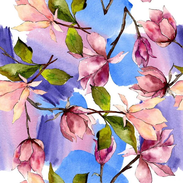 Fiori botanici floreali di magnolia rosa. Acquerello sfondo illustrazione set. Modello di sfondo senza soluzione di continuità . — Foto Stock