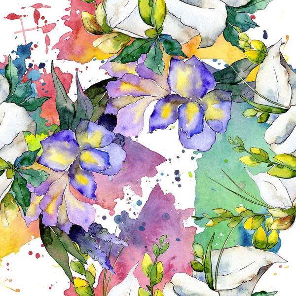 Boeket bloemen botanische bloemen. Aquarel achtergrond afbeelding instellen. Naadloze achtergrondpatroon. — Stockfoto