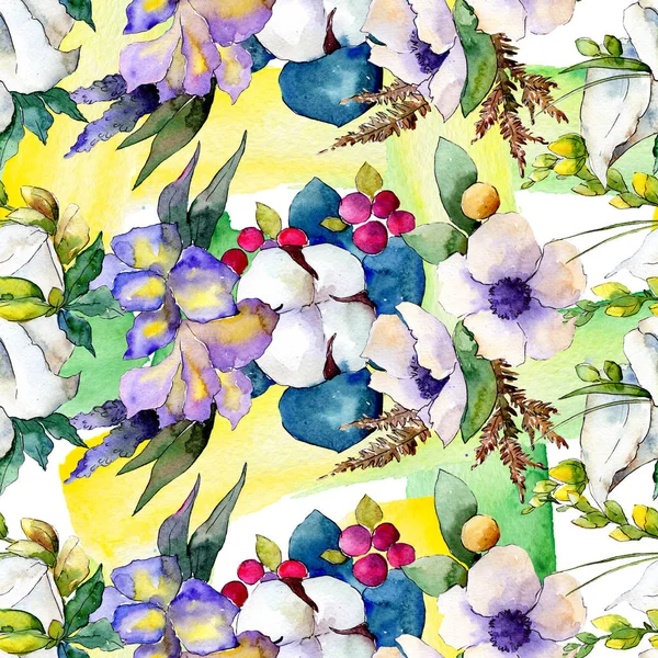 Bouquet floral botanical flowers. Watercolor background illustration set. Seamless background pattern. — Stock Photo, Image