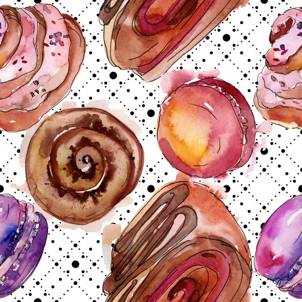 Tasty cake and desserts in a watercolor style. Watercolour illustration set. Seamless background pattern. — Stock Photo, Image