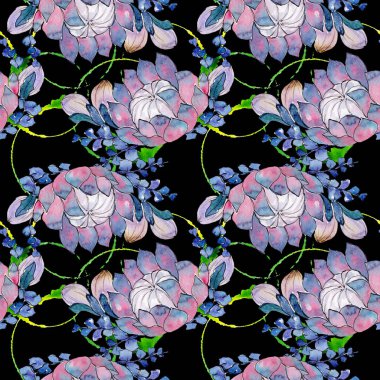 Bouqet lezzetli çiçek botanik çiçekleri. Suluboya arka plan illüstrasyon seti. Kesintisiz arka plan deseni.