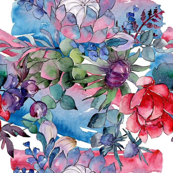 Bouqet fleurs florales botaniques succulentes. Ensemble d'illustration de fond aquarelle. Modèle de fond sans couture . — Photo