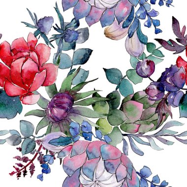 Bouqet lezzetli çiçek botanik çiçekleri. Suluboya arka plan illüstrasyon seti. Kesintisiz arka plan deseni.