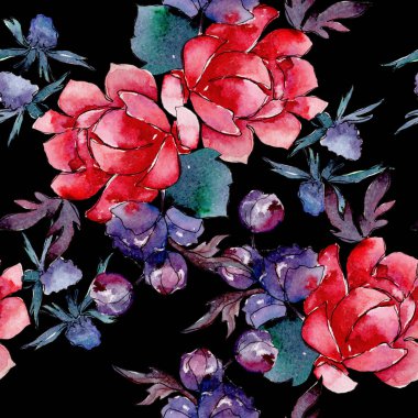 Bouqet lezzetli çiçek botanik çiçekleri. Suluboya arka plan illüstrasyon seti. Kesintisiz arka plan deseni.
