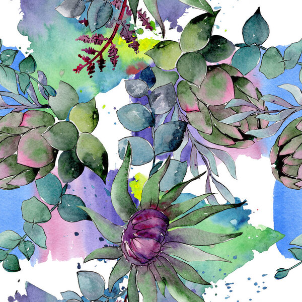 Bouqet succulent floral botanical flowers. Watercolor background illustration set. Seamless background pattern.