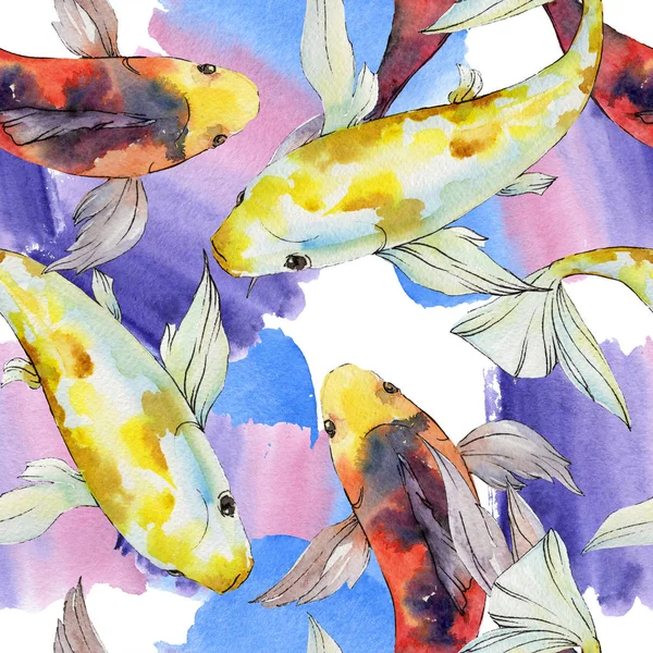 Aquatic underwater colorful tropical goldfish set. Watercolor background illustration set. Seamless background pattern. — Stock Photo, Image