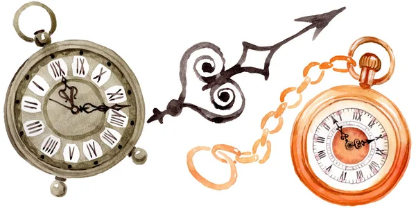 빈티지 오래 된 시계 포켓 시계입니다. 수채화 배경 일러스트 세트입니다. 격리된 시계 일러스트 요소. — 스톡 사진