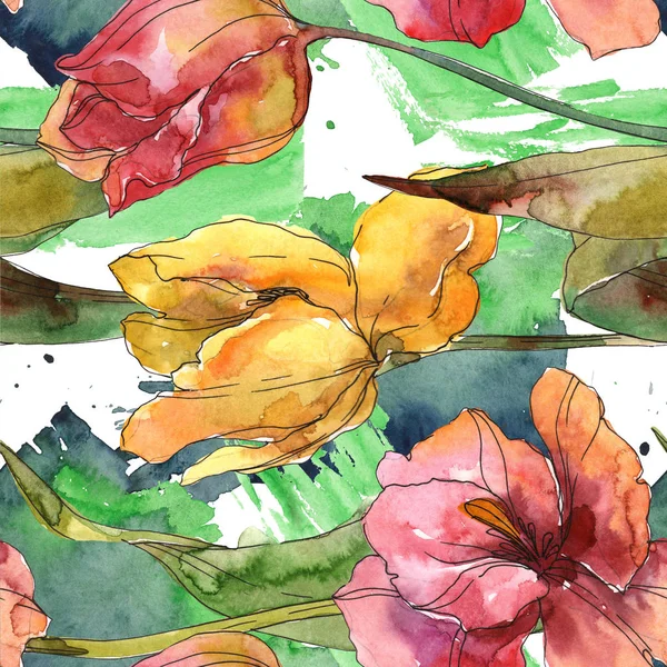 Tulpaner blommiga botaniska blommor. Akvarell bakgrund illustration uppsättning. Sömlöst bakgrundsmönster. — Stockfoto