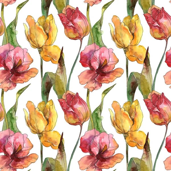 Tulipas flores botânicas florais. Conjunto de ilustração de fundo aquarela. Padrão de fundo sem costura . — Fotografia de Stock