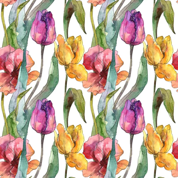 Tulipanes flores botánicas florales. Conjunto de ilustración de fondo acuarela. Patrón de fondo sin costuras . — Foto de Stock