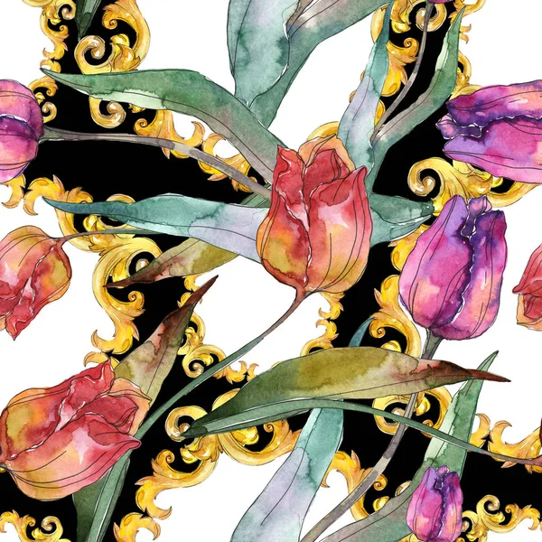 Tulpen blühende botanische Blumen. Aquarell Hintergrundillustration Set. nahtloses Hintergrundmuster. — Stockfoto