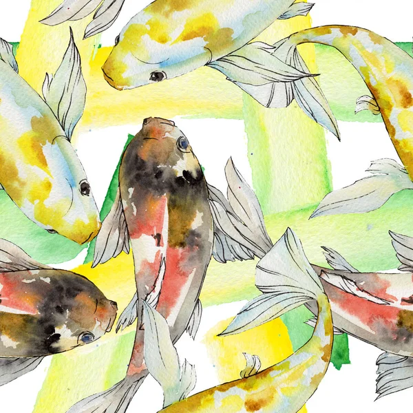 Aquatic underwater colorful tropical goldfish set. Watercolor background illustration set. Seamless background pattern. — Stock Photo, Image