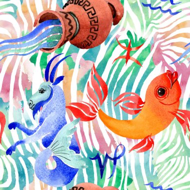 Burç burcu, astroloji sembolü. Suluboya illüstrasyon seti. Kesintisiz arka plan deseni.