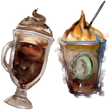 Sıcak ve soğuk kahve içecekleri. Suluboya arka plan illüstrasyon seti. İzole içecekler illüstrasyon elemanı.