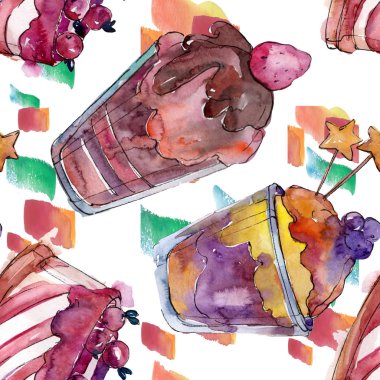 Suluboya tarzında lezzetli kek ve tatlı. Suluboya illüstrasyon seti. Kesintisiz arka plan deseni.