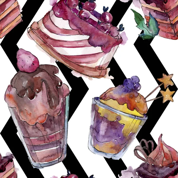 Tasty cake and dessert in a watercolor style. Watercolour illustration set. Seamless background pattern. — Stock Photo, Image