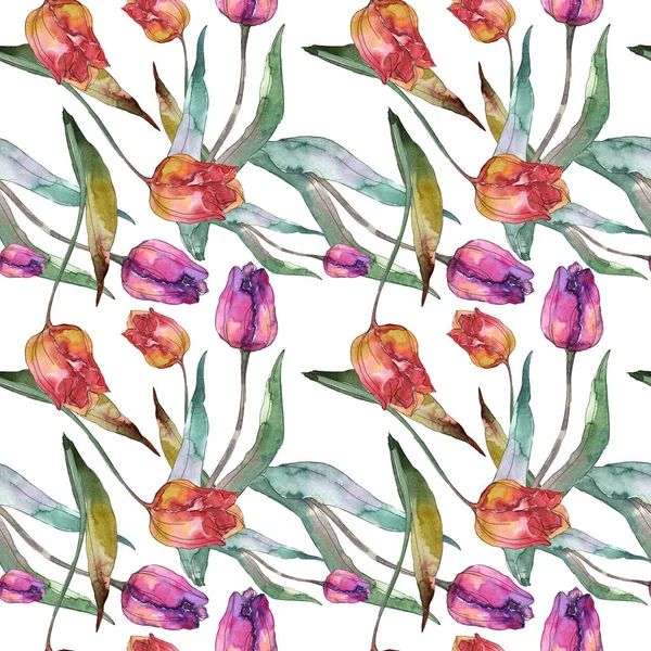 Tulpen blühende botanische Blumen. Aquarell Hintergrundillustration Set. nahtloses Hintergrundmuster. — Stockfoto