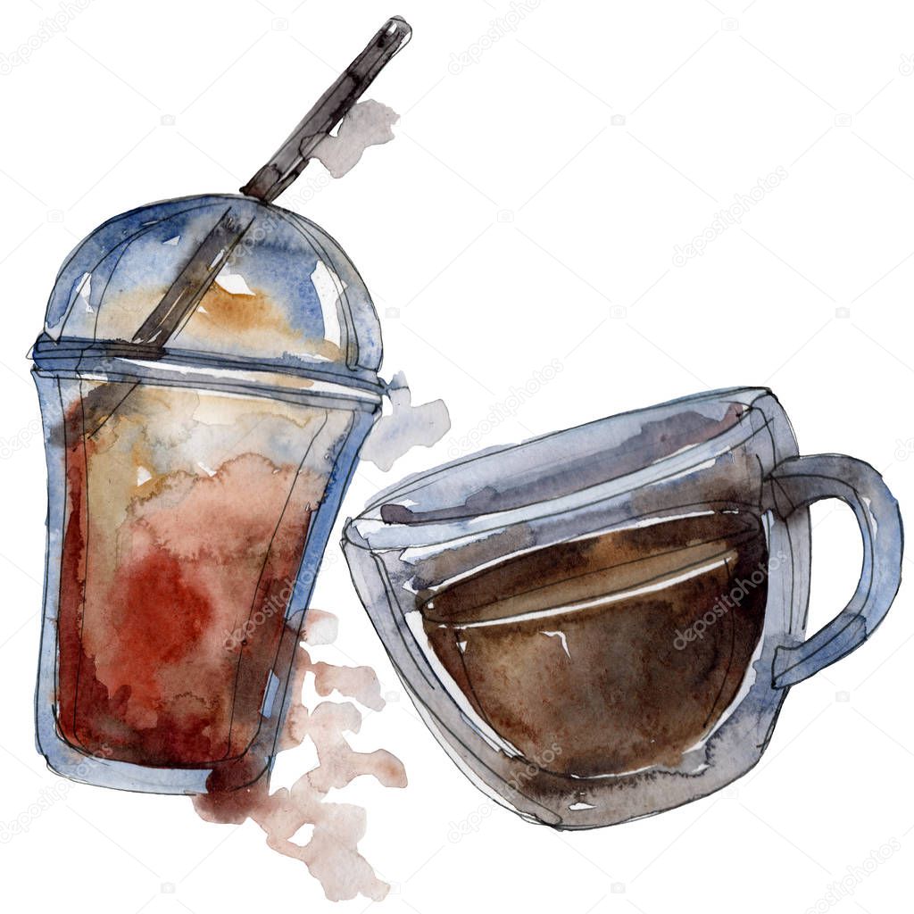 Hot and cold coffee drinks. Watercolor background illustration set. Isolated drinks illustration element.