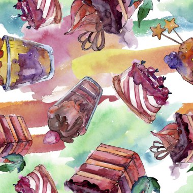 Suluboya tarzında lezzetli kek ve tatlı. Suluboya illüstrasyon seti. Kesintisiz arka plan deseni.