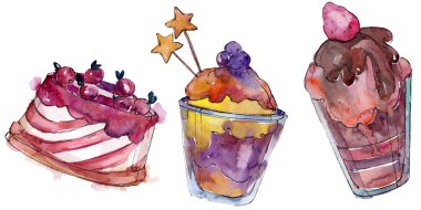 Suluboya tarzında lezzetli kek ve tatlı. Arka plan çizim seti. Suluboya çizim aquarelle izole.