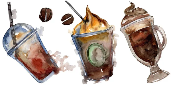 Hot and cold coffee drinks. Watercolor background illustration set. Isolated drinks illustration element. — Stock Photo, Image