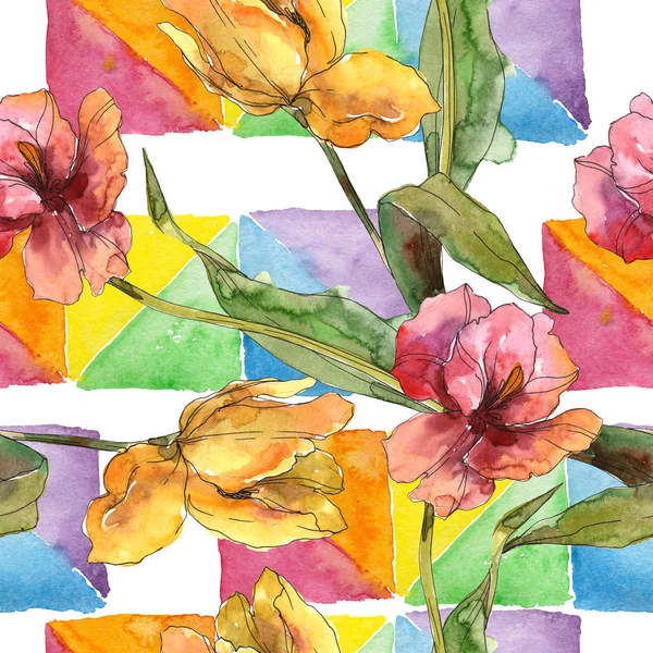 郁金香花卉植物花。水彩背景插图集。无缝背景模式. — 图库照片