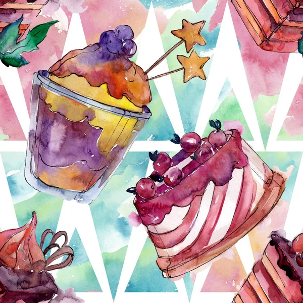 Tasty cake and dessert in a watercolor style. Watercolour illustration set. Seamless background pattern. — Stock Photo, Image