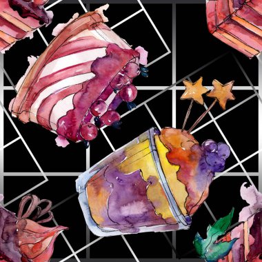 Suluboya tarzında lezzetli kek ve tatlı. Suluboya illüstrasyon seti. Kesintisiz arka plan deseni.