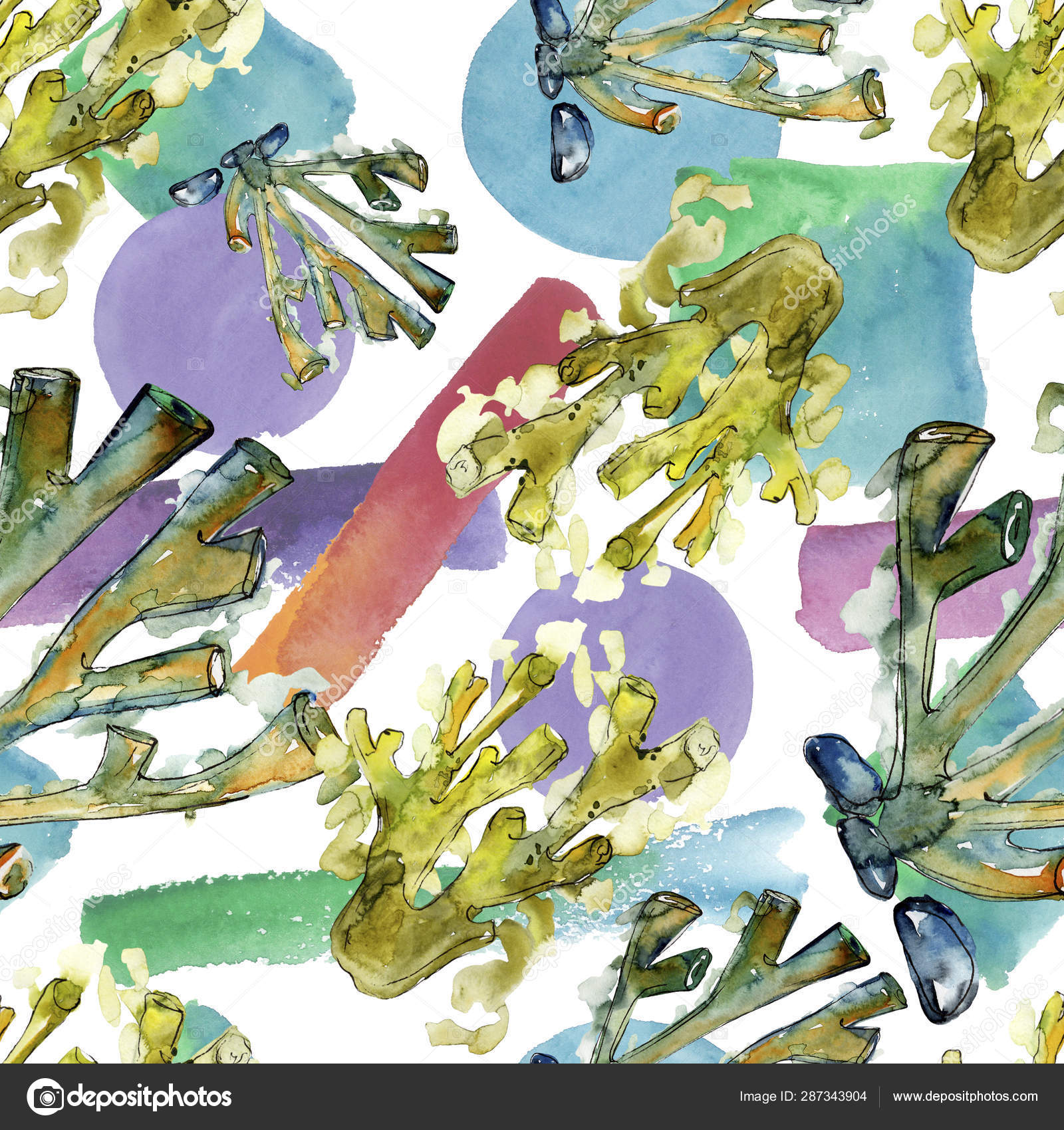 カラフルな水生生物の水中の自然サンゴ礁 水彩画背景イラスト セット