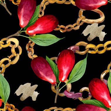 Kızılcık kırmızı meyve ve yeşil yaprakları. Suluboya arka plan illüstrasyon seti. Kesintisiz arka plan deseni.