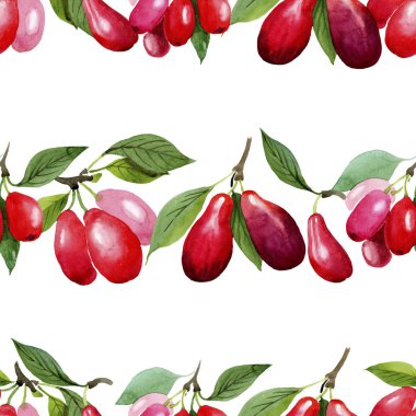 Kızılcık kırmızı meyve ve yeşil yaprakları. Suluboya arka plan illüstrasyon seti. Kesintisiz arka plan deseni.