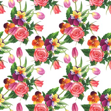 Viyola, gül ve lale çiçek botanik çiçek. Suluboya arka plan illüstrasyon seti. Kesintisiz arka plan deseni.