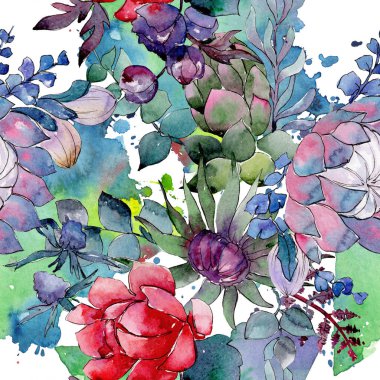 Bouqet lezzetli çiçek botanik çiçekleri. Suluboya arka plan illüstrasyon seti. Kesintisiz arka plan deseni.