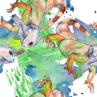 Egzotik iguana vahşi hayvan. Suluboya arka plan illüstrasyon seti. Kesintisiz arka plan deseni.